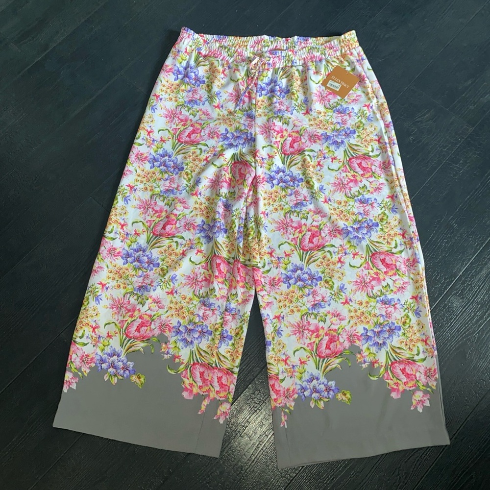 Ellen Tracy Womens Wide Leg Palazzo Pull On Pants Floral Print Large NWT